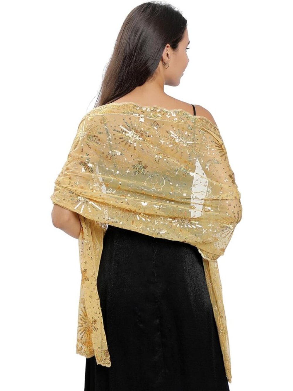 Elegant Sequin Lace Shawl & Wrap for Evening Dresses | Sheer Chiffon Scarf